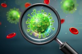 Covid-19. Coronavirus Outbreak Design with Virus, Blood Cell and Magnifying Glass in Microscopic View on Dark Background. Vector 2019-ncov Corona Virus Illustration on Dangerous SARS Epidemic Theme for Banner